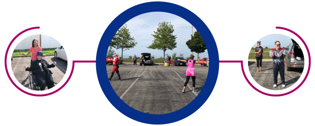 Three connected circles with magenta lines show intstuctors and participants enjoying the parking lot dance fit program