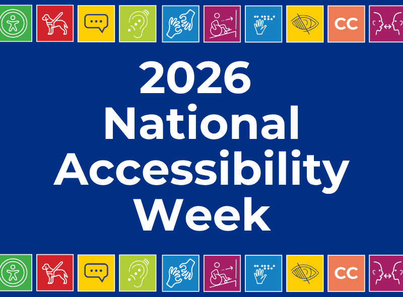 Text reads: 2026 National Accessibility Week. Various colourful accessibility icons line the top and bottom of the graphic.