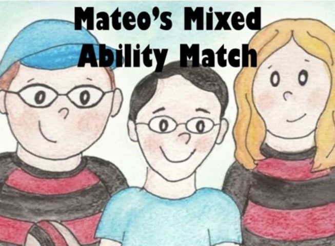 the cover art of Mateo's Mixed Ability Match book . illustration of three friends holding a rugby ball in red and black striped rugby shirts