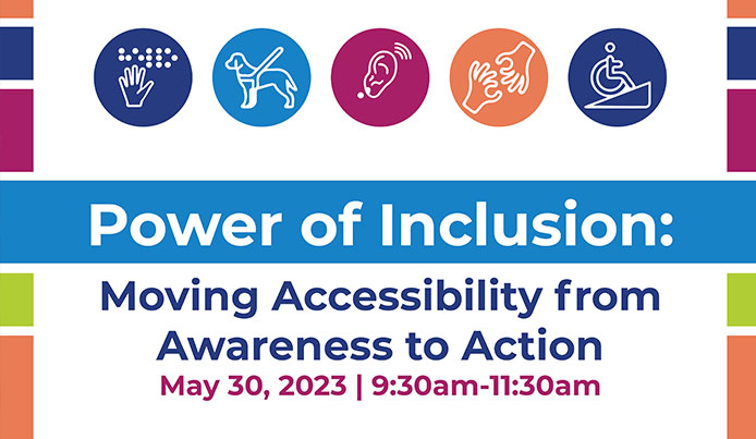 Five circles with various icons representing accessibility needs. A blue bar across the centre with the title Power of Inclusion. Text below reads Inclusion Moving Accessibility from awareness to acti