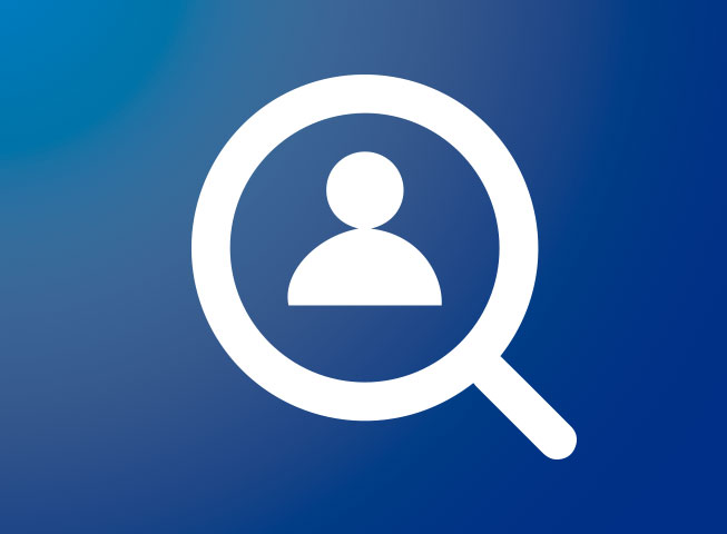 a blue background with a white icon of a magnifying glass with a person icon in the center.