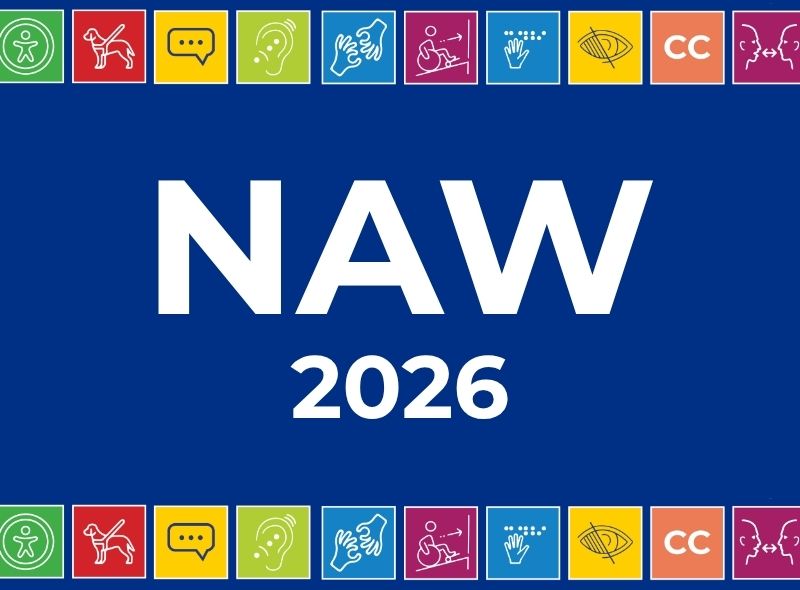 Text reads: NAW 2026. The top and bottom of the graphic have icons representing different disabilities and accessibility items.