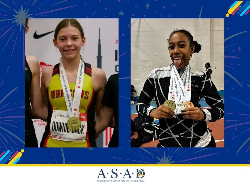  Airlie Downie-Back and Jayden Robinson pose with their medals after the 2026 Canadian Indoor Track and Field Championships.