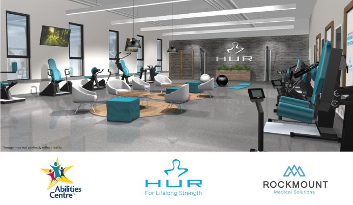 A bright, modern fitness space featuring teal and black HUR accessible exercise equipment arranged around the room and Abilities Centre, HUR, and Rockmount Medical logos.
