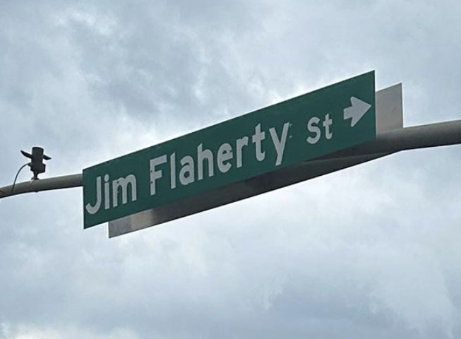 Street sign reads Jim Flaherty Street