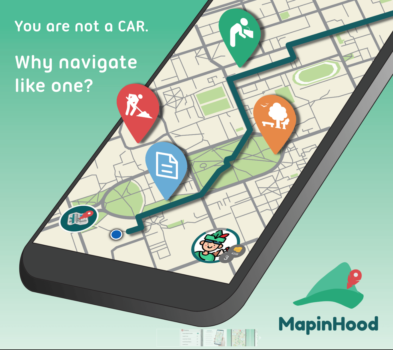 Graphic image of a smart phone with the Mapinhood app open that shows a pedestrian map with a main route highlighted in green.The Mapinhood logo which features a green hat .