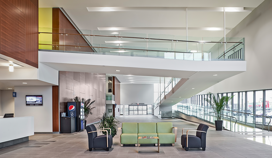 Abilities Centre Atrium view of the south doors and ramp