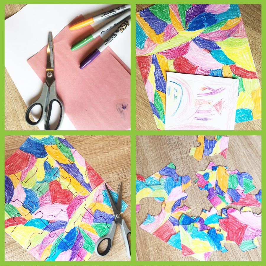 various homemmade puzzle pieces on a table with multi-coloured pieces and a pair of scissors nearby