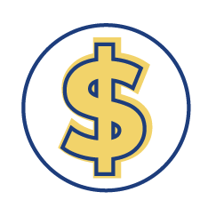 economic participation icon is a money symbol in a blue outlined circle. The body is yellow.