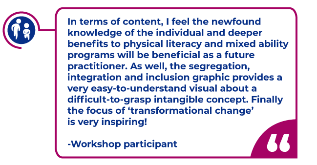PL-Quote.png Workshop participant quote in a magenta bubble: In terms of content, I feel the newfound knowledge of the individual and deeper benefits to physical literacy and mixed ability programs will be beneficial as a future practitioner. As well, the segregation, integration and inclusion graphic provides a very easy-to-understand visual about a difficult-to-grasp intangible concept. Finally the focus of ‘transformational change’ is very inspiring! -Workshop participant