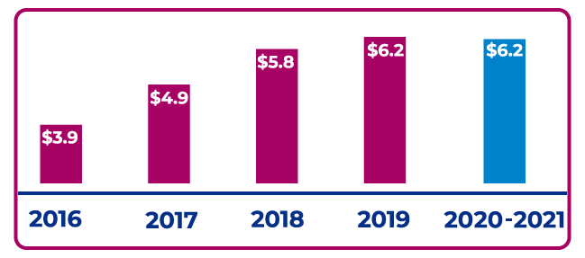 bar graph representing revenue growth: 2016 3.9 million, 2017 4.9 million, 2018 5.8 million, 2019 6.2 million, 2020-2021 6.2 million