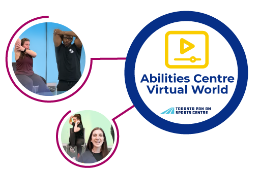 AC-Virtual-World_Title.png Three circles connected by a line. in the first circle is Abilities Centre Virtual world and TPAS wordmark. In the second circle are two instructors during a live online class. In the third circle is a screenshot of a You Me We class on virtual world.