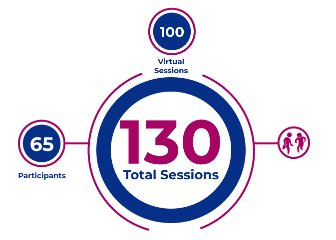 Pie graph representing 130 total sessions, 65 participants, and 100 virtual sessions