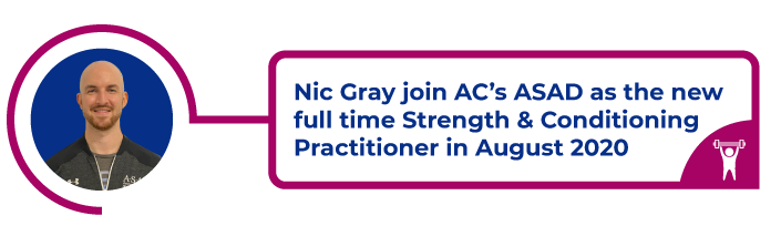 ASAD_Nic.png Photo of Nic Gray with text to the right: Nic Gray joins AC's ASAD as the new full time strength and conditioning practitioner in August 2020