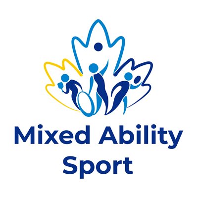 Mixed Ability Logo. Three figures connected one in a chair holding a paddle, one throws a ball up in the air, and one is catching a rugby ball, underneath the shape of a maple leaf