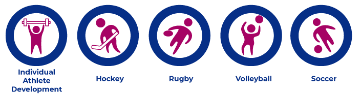 icons with labels representing Individual Athlete Development, Hockey, Rugby, Volleyball, and soccer