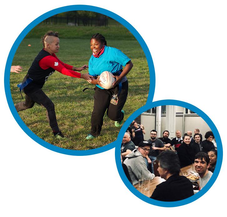 two images in circles with blue boarders. The first image of two women playing rugby. the second image of a group of participants celebrate in a restaurant after a successful MASC event
