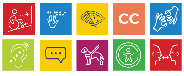 A set of symbols illustrating different access considerations, like physical access, communication access, and sensory access.