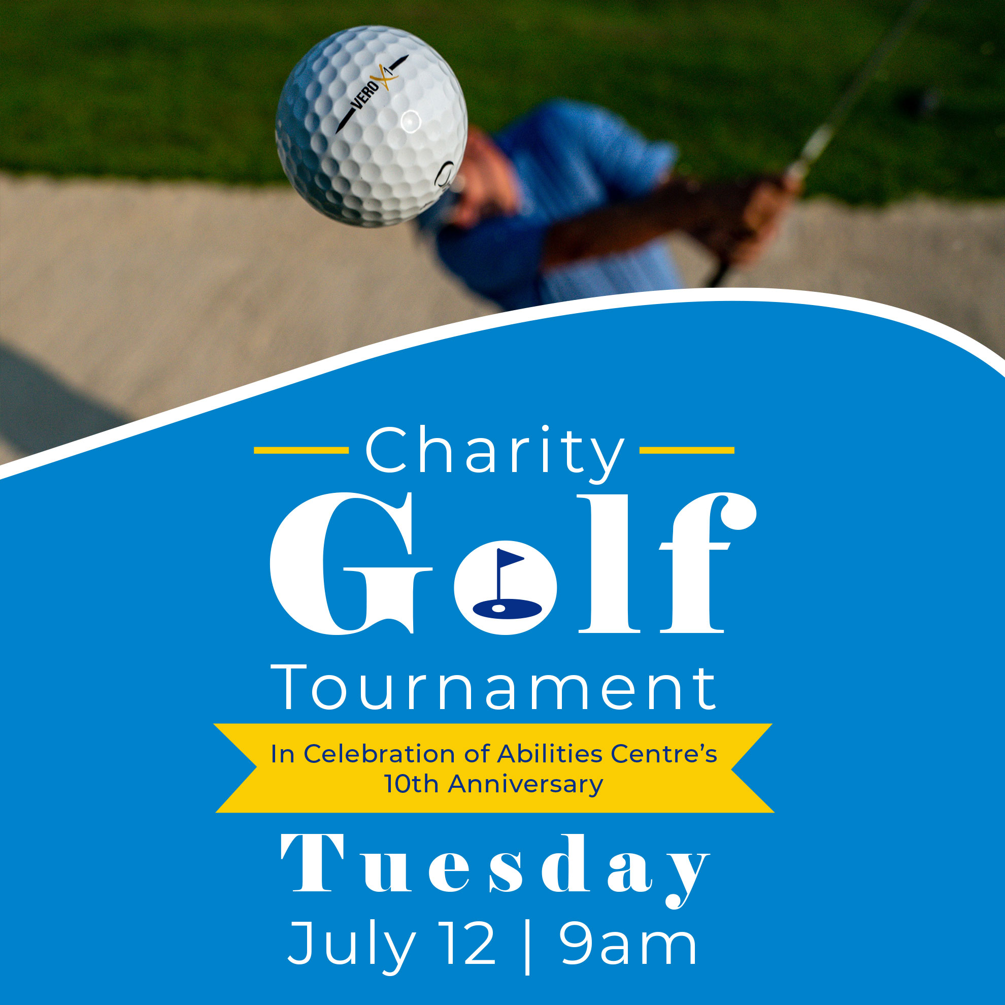 Image of a gold ball soaring through the air. below is text in a blue arching shape white font reads Charity Golf Fundraiser