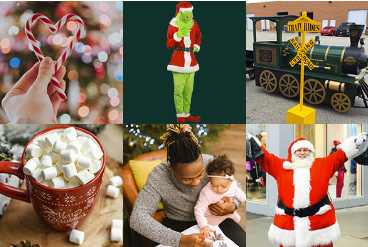 holiday-market-images.png collage of christmas images including candycanes, the grinch, mini train, hot chocolate, a father and daughter making ornaments, and santa