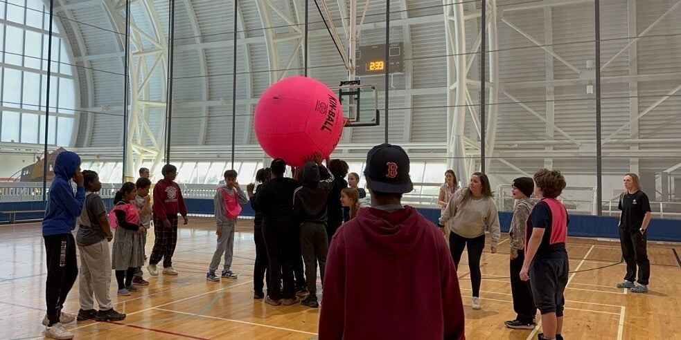 A larger group of kids playing with a large pink Kin-Ball.