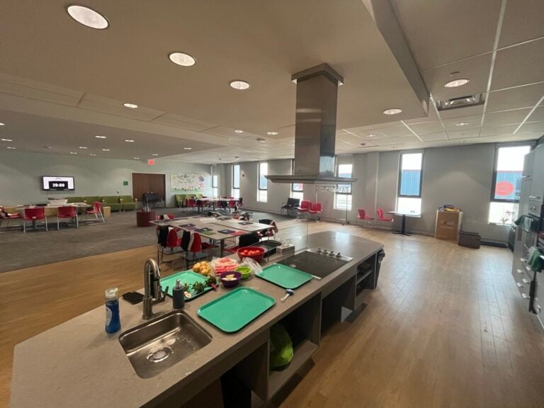 A lounge space with a cooking area and tables.